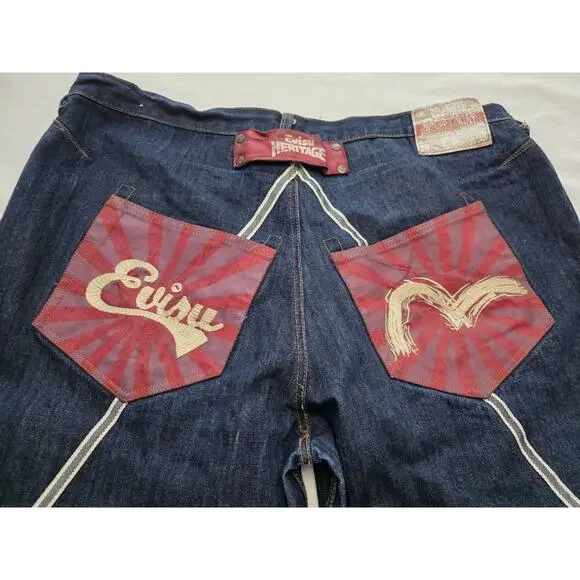 Evisu Y2K Denim Shorts Dark Blue Size 44 Vintage Heritage - Picture 5 of 15